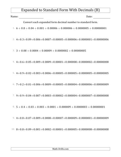The Converting Expanded Form Decimals Using Decimals to Standard Form (1-Digit Before the Decimal; 8-Digits After the Decimal) (B) Math Worksheet