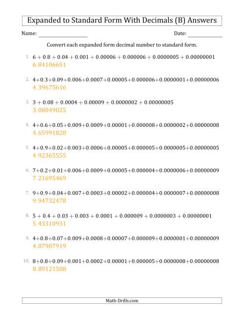 The Converting Expanded Form Decimals Using Decimals to Standard Form (1-Digit Before the Decimal; 8-Digits After the Decimal) (B) Math Worksheet Page 2