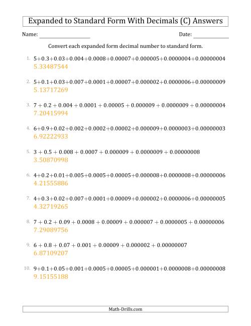 The Converting Expanded Form Decimals Using Decimals to Standard Form (1-Digit Before the Decimal; 8-Digits After the Decimal) (C) Math Worksheet Page 2
