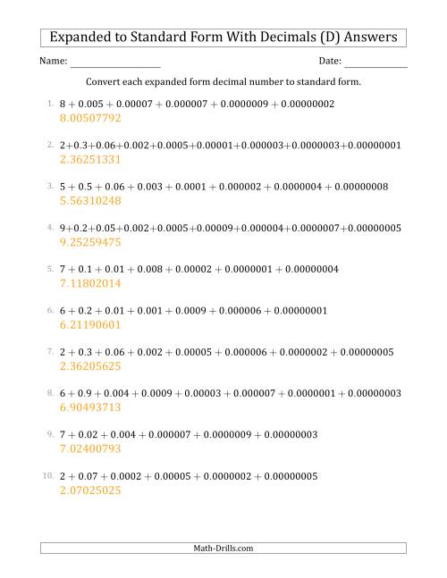 The Converting Expanded Form Decimals Using Decimals to Standard Form (1-Digit Before the Decimal; 8-Digits After the Decimal) (D) Math Worksheet Page 2