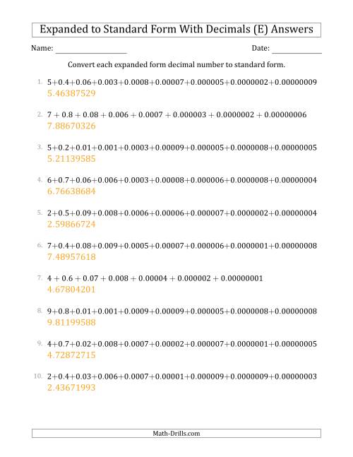 The Converting Expanded Form Decimals Using Decimals to Standard Form (1-Digit Before the Decimal; 8-Digits After the Decimal) (E) Math Worksheet Page 2