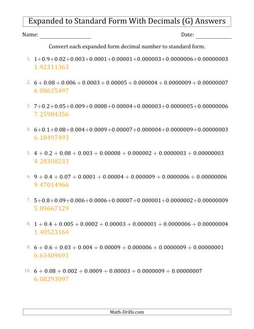 The Converting Expanded Form Decimals Using Decimals to Standard Form (1-Digit Before the Decimal; 8-Digits After the Decimal) (G) Math Worksheet Page 2