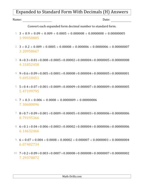 The Converting Expanded Form Decimals Using Decimals to Standard Form (1-Digit Before the Decimal; 8-Digits After the Decimal) (H) Math Worksheet Page 2