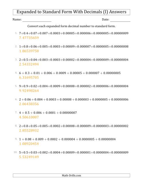 The Converting Expanded Form Decimals Using Decimals to Standard Form (1-Digit Before the Decimal; 8-Digits After the Decimal) (I) Math Worksheet Page 2