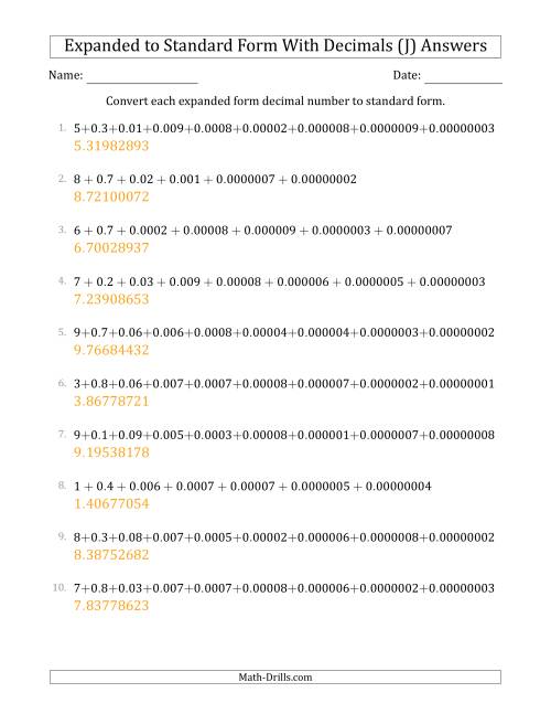 The Converting Expanded Form Decimals Using Decimals to Standard Form (1-Digit Before the Decimal; 8-Digits After the Decimal) (J) Math Worksheet Page 2