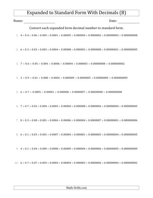 The Converting Expanded Form Decimals Using Decimals to Standard Form (1-Digit Before the Decimal; 9-Digits After the Decimal) (B) Math Worksheet