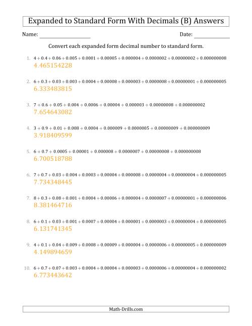 The Converting Expanded Form Decimals Using Decimals to Standard Form (1-Digit Before the Decimal; 9-Digits After the Decimal) (B) Math Worksheet Page 2