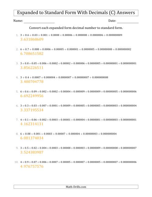 The Converting Expanded Form Decimals Using Decimals to Standard Form (1-Digit Before the Decimal; 9-Digits After the Decimal) (C) Math Worksheet Page 2