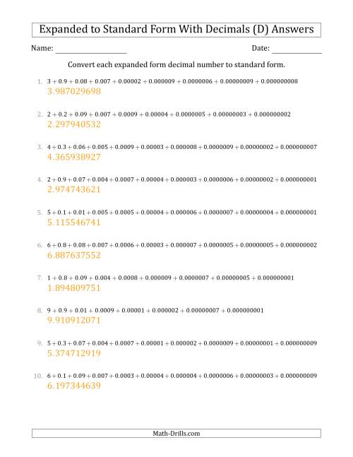 The Converting Expanded Form Decimals Using Decimals to Standard Form (1-Digit Before the Decimal; 9-Digits After the Decimal) (D) Math Worksheet Page 2