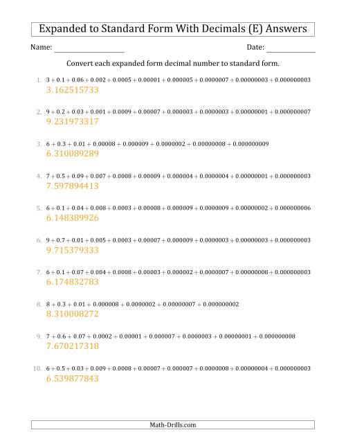 The Converting Expanded Form Decimals Using Decimals to Standard Form (1-Digit Before the Decimal; 9-Digits After the Decimal) (E) Math Worksheet Page 2
