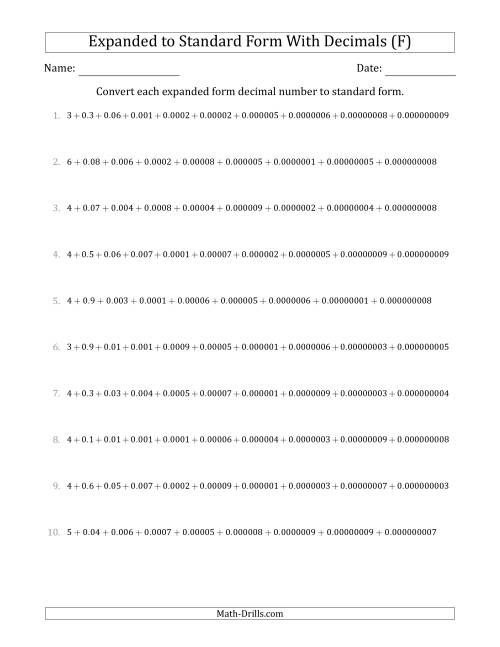 The Converting Expanded Form Decimals Using Decimals to Standard Form (1-Digit Before the Decimal; 9-Digits After the Decimal) (F) Math Worksheet