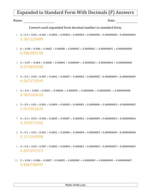 The Converting Expanded Form Decimals Using Decimals to Standard Form (1-Digit Before the Decimal; 9-Digits After the Decimal) (F) Math Worksheet Page 2