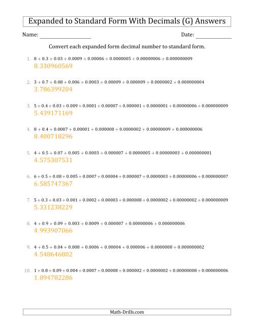 The Converting Expanded Form Decimals Using Decimals to Standard Form (1-Digit Before the Decimal; 9-Digits After the Decimal) (G) Math Worksheet Page 2