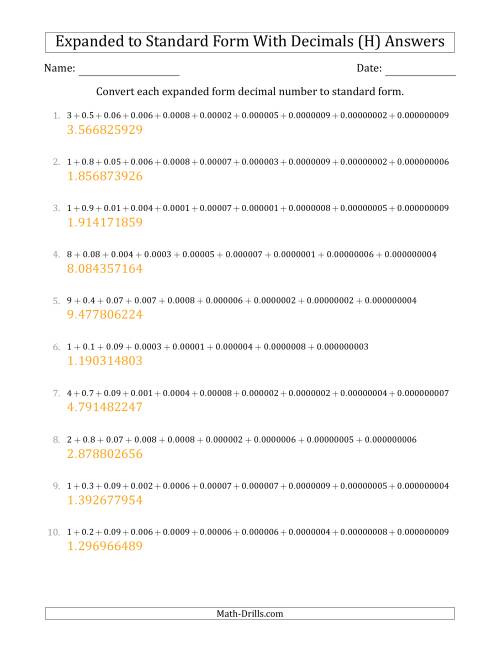 The Converting Expanded Form Decimals Using Decimals to Standard Form (1-Digit Before the Decimal; 9-Digits After the Decimal) (H) Math Worksheet Page 2