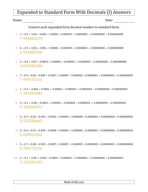 The Converting Expanded Form Decimals Using Decimals to Standard Form (1-Digit Before the Decimal; 9-Digits After the Decimal) (I) Math Worksheet Page 2