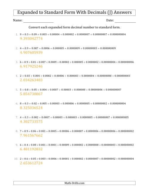 The Converting Expanded Form Decimals Using Decimals to Standard Form (1-Digit Before the Decimal; 9-Digits After the Decimal) (J) Math Worksheet Page 2