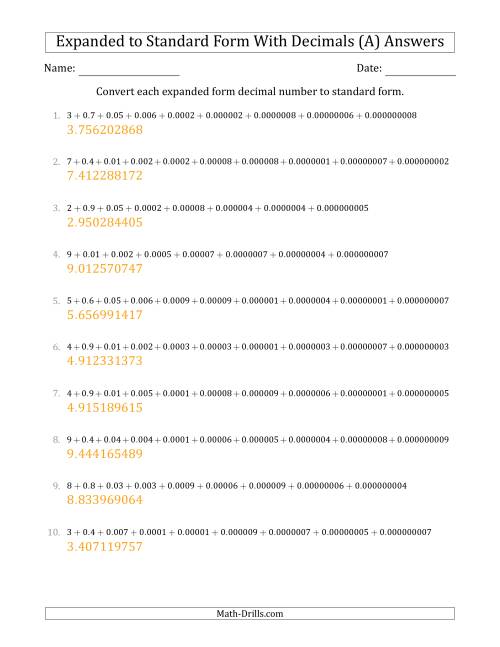 The Converting Expanded Form Decimals Using Decimals to Standard Form (1-Digit Before the Decimal; 9-Digits After the Decimal) (All) Math Worksheet Page 2