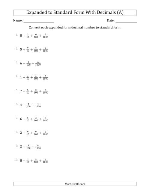 The Converting Expanded Form Decimals Using Fractions to Standard Form (1-Digit Before the Decimal; 3-Digits After the Decimal) (A) Math Worksheet