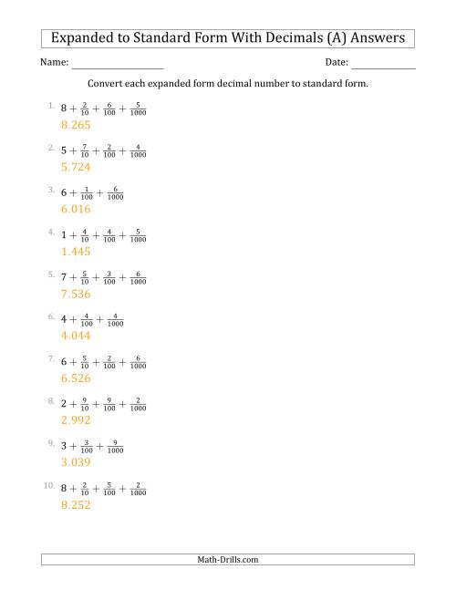 The Converting Expanded Form Decimals Using Fractions to Standard Form (1-Digit Before the Decimal; 3-Digits After the Decimal) (A) Math Worksheet Page 2