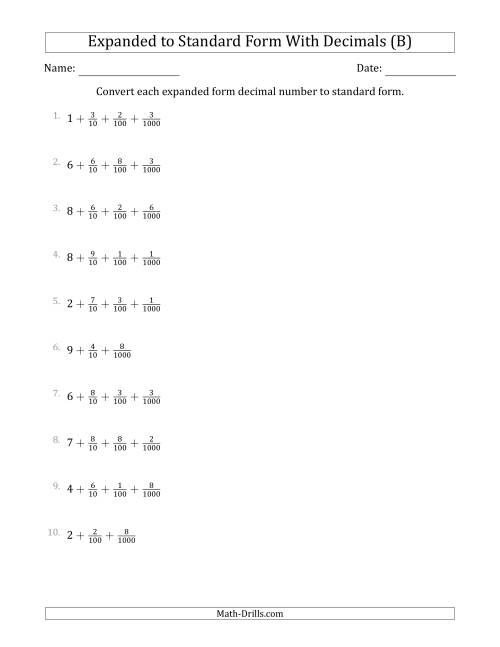The Converting Expanded Form Decimals Using Fractions to Standard Form (1-Digit Before the Decimal; 3-Digits After the Decimal) (B) Math Worksheet