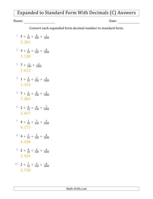 The Converting Expanded Form Decimals Using Fractions to Standard Form (1-Digit Before the Decimal; 3-Digits After the Decimal) (C) Math Worksheet Page 2