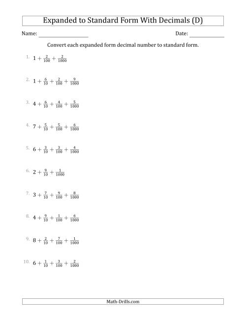 The Converting Expanded Form Decimals Using Fractions to Standard Form (1-Digit Before the Decimal; 3-Digits After the Decimal) (D) Math Worksheet