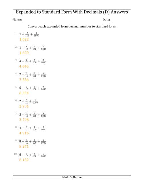 The Converting Expanded Form Decimals Using Fractions to Standard Form (1-Digit Before the Decimal; 3-Digits After the Decimal) (D) Math Worksheet Page 2