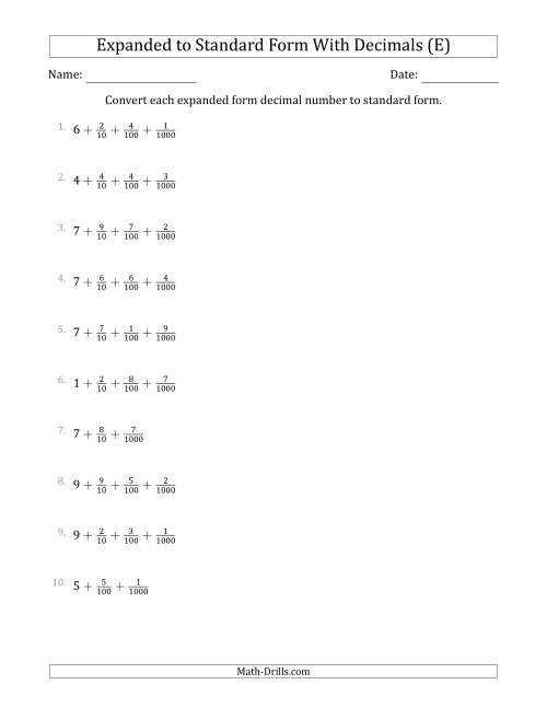 The Converting Expanded Form Decimals Using Fractions to Standard Form (1-Digit Before the Decimal; 3-Digits After the Decimal) (E) Math Worksheet