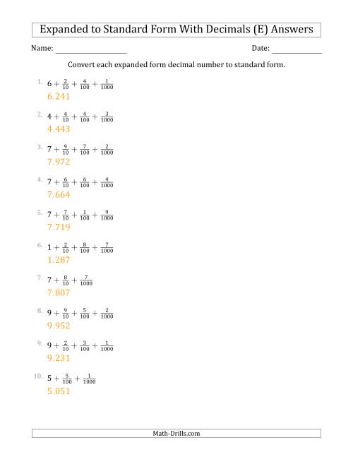 The Converting Expanded Form Decimals Using Fractions to Standard Form (1-Digit Before the Decimal; 3-Digits After the Decimal) (E) Math Worksheet Page 2