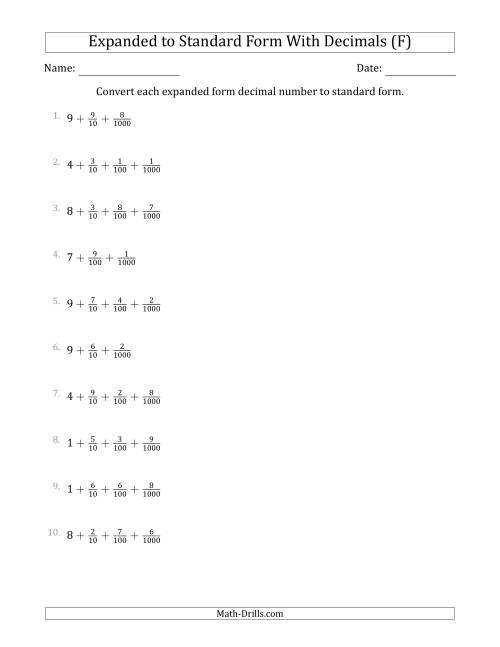The Converting Expanded Form Decimals Using Fractions to Standard Form (1-Digit Before the Decimal; 3-Digits After the Decimal) (F) Math Worksheet