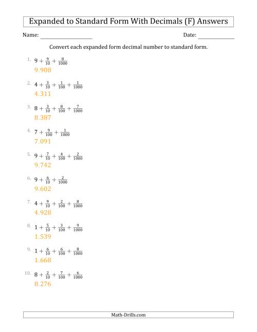 The Converting Expanded Form Decimals Using Fractions to Standard Form (1-Digit Before the Decimal; 3-Digits After the Decimal) (F) Math Worksheet Page 2
