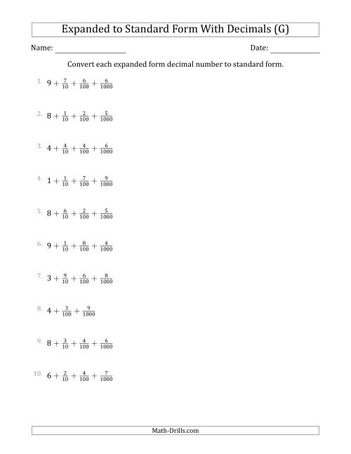 The Converting Expanded Form Decimals Using Fractions to Standard Form (1-Digit Before the Decimal; 3-Digits After the Decimal) (G) Math Worksheet