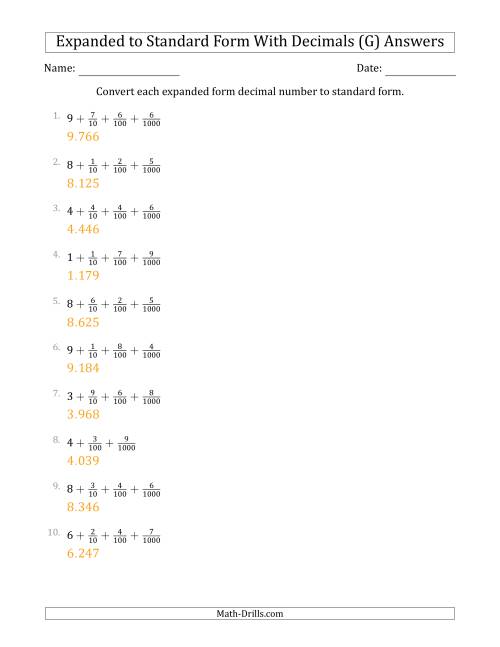 The Converting Expanded Form Decimals Using Fractions to Standard Form (1-Digit Before the Decimal; 3-Digits After the Decimal) (G) Math Worksheet Page 2