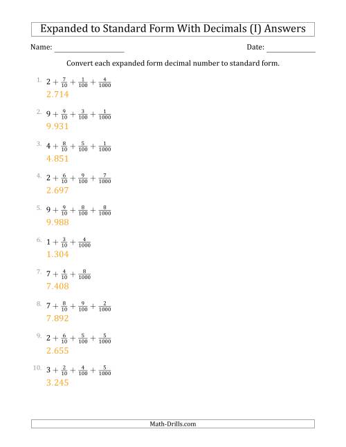 The Converting Expanded Form Decimals Using Fractions to Standard Form (1-Digit Before the Decimal; 3-Digits After the Decimal) (I) Math Worksheet Page 2
