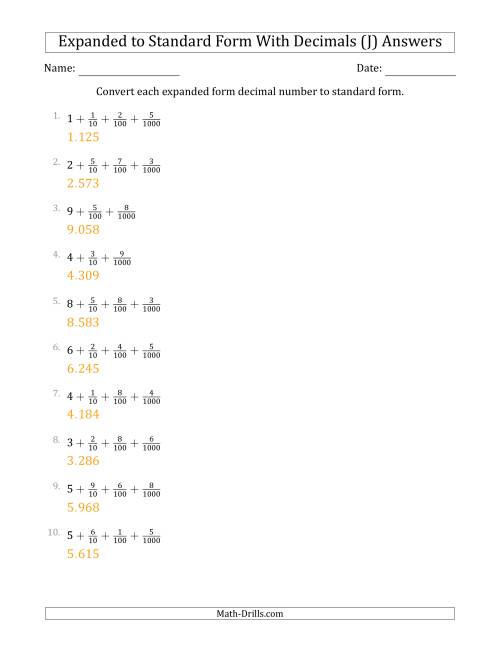 The Converting Expanded Form Decimals Using Fractions to Standard Form (1-Digit Before the Decimal; 3-Digits After the Decimal) (J) Math Worksheet Page 2