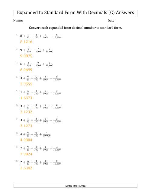 The Converting Expanded Form Decimals Using Fractions to Standard Form (1-Digit Before the Decimal; 4-Digits After the Decimal) (C) Math Worksheet Page 2