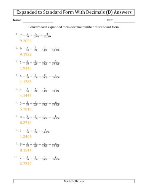 The Converting Expanded Form Decimals Using Fractions to Standard Form (1-Digit Before the Decimal; 4-Digits After the Decimal) (D) Math Worksheet Page 2