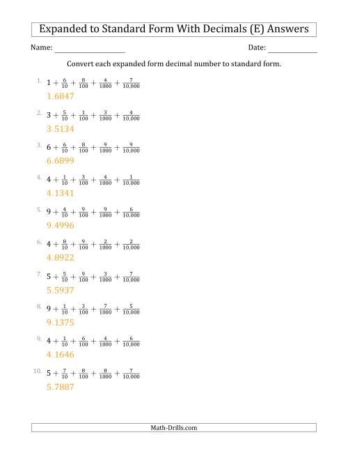 The Converting Expanded Form Decimals Using Fractions to Standard Form (1-Digit Before the Decimal; 4-Digits After the Decimal) (E) Math Worksheet Page 2