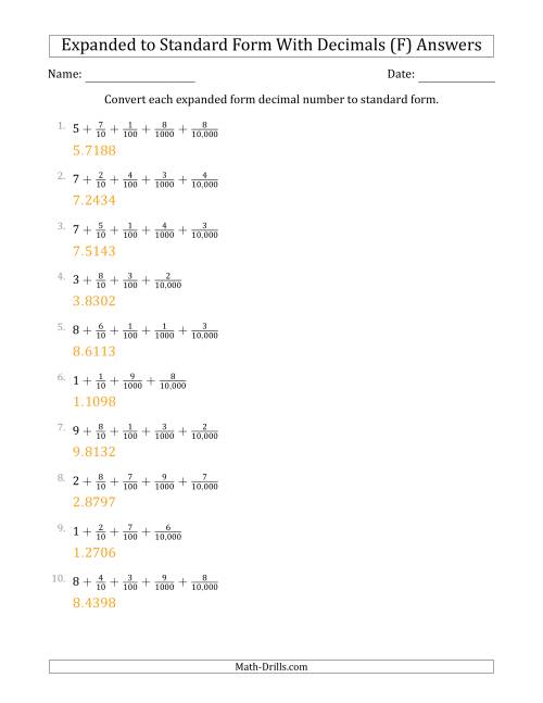 The Converting Expanded Form Decimals Using Fractions to Standard Form (1-Digit Before the Decimal; 4-Digits After the Decimal) (F) Math Worksheet Page 2