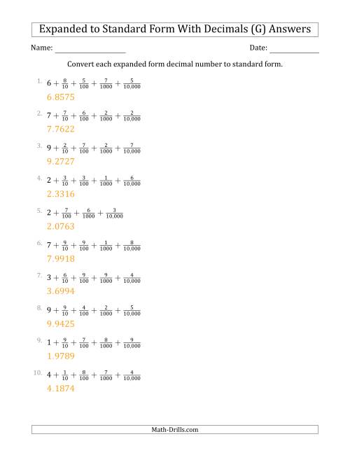 The Converting Expanded Form Decimals Using Fractions to Standard Form (1-Digit Before the Decimal; 4-Digits After the Decimal) (G) Math Worksheet Page 2