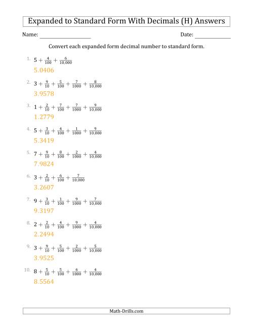The Converting Expanded Form Decimals Using Fractions to Standard Form (1-Digit Before the Decimal; 4-Digits After the Decimal) (H) Math Worksheet Page 2