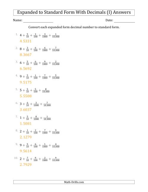The Converting Expanded Form Decimals Using Fractions to Standard Form (1-Digit Before the Decimal; 4-Digits After the Decimal) (I) Math Worksheet Page 2