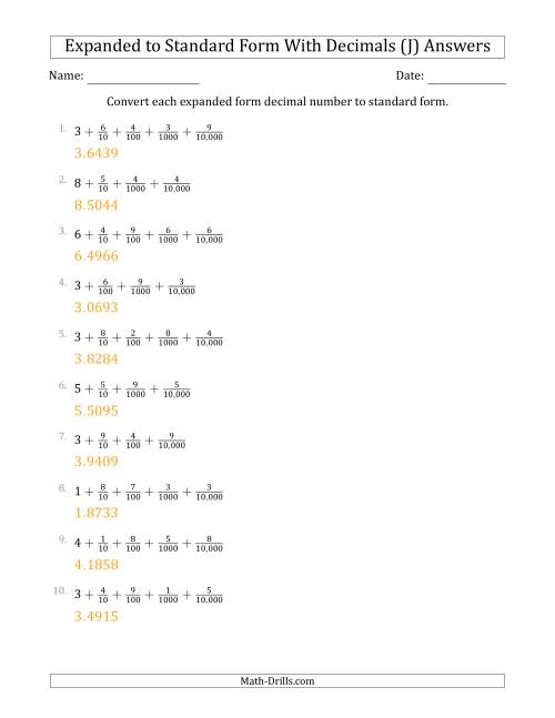 The Converting Expanded Form Decimals Using Fractions to Standard Form (1-Digit Before the Decimal; 4-Digits After the Decimal) (J) Math Worksheet Page 2
