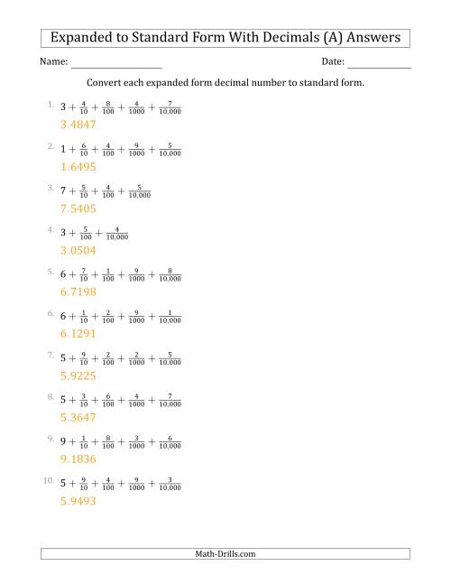 The Converting Expanded Form Decimals Using Fractions to Standard Form (1-Digit Before the Decimal; 4-Digits After the Decimal) (All) Math Worksheet Page 2