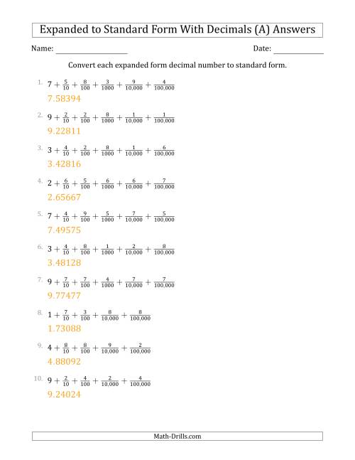 The Converting Expanded Form Decimals Using Fractions to Standard Form (1-Digit Before the Decimal; 5-Digits After the Decimal) (A) Math Worksheet Page 2