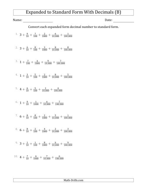 The Converting Expanded Form Decimals Using Fractions to Standard Form (1-Digit Before the Decimal; 5-Digits After the Decimal) (B) Math Worksheet