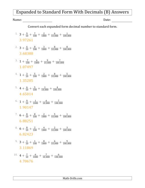 The Converting Expanded Form Decimals Using Fractions to Standard Form (1-Digit Before the Decimal; 5-Digits After the Decimal) (B) Math Worksheet Page 2