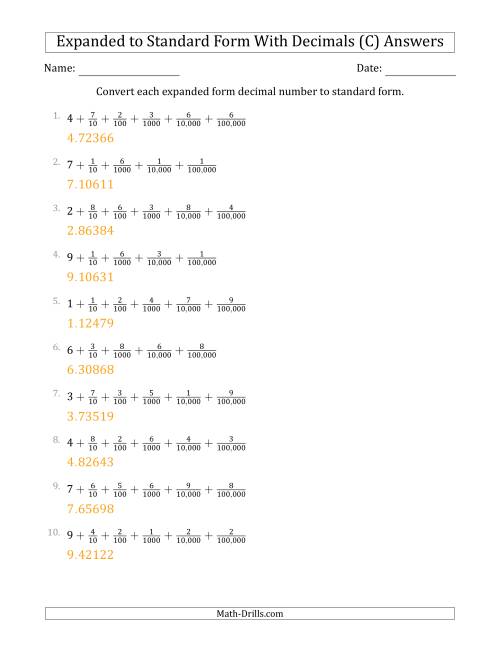 The Converting Expanded Form Decimals Using Fractions to Standard Form (1-Digit Before the Decimal; 5-Digits After the Decimal) (C) Math Worksheet Page 2