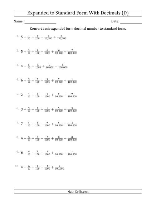 The Converting Expanded Form Decimals Using Fractions to Standard Form (1-Digit Before the Decimal; 5-Digits After the Decimal) (D) Math Worksheet