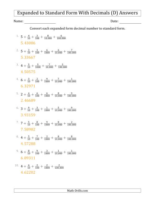 The Converting Expanded Form Decimals Using Fractions to Standard Form (1-Digit Before the Decimal; 5-Digits After the Decimal) (D) Math Worksheet Page 2